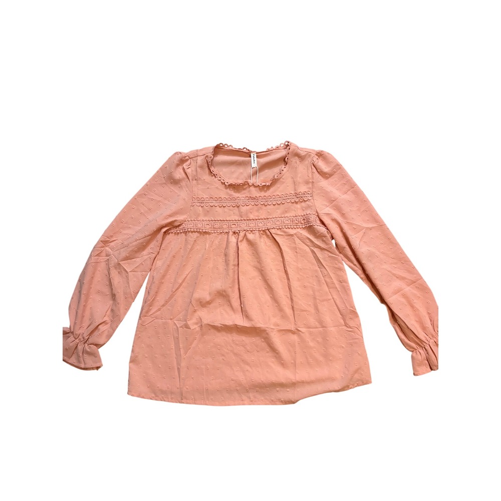Falechay Pink Swiss Dot Lace Trim Blouse Long Sleeve Button Back Top Small NWT